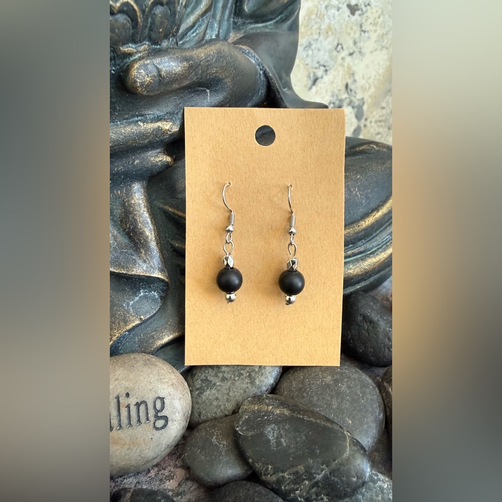 Handmade Stainless steel hook, drop black bead earrings. Rubber backs. New